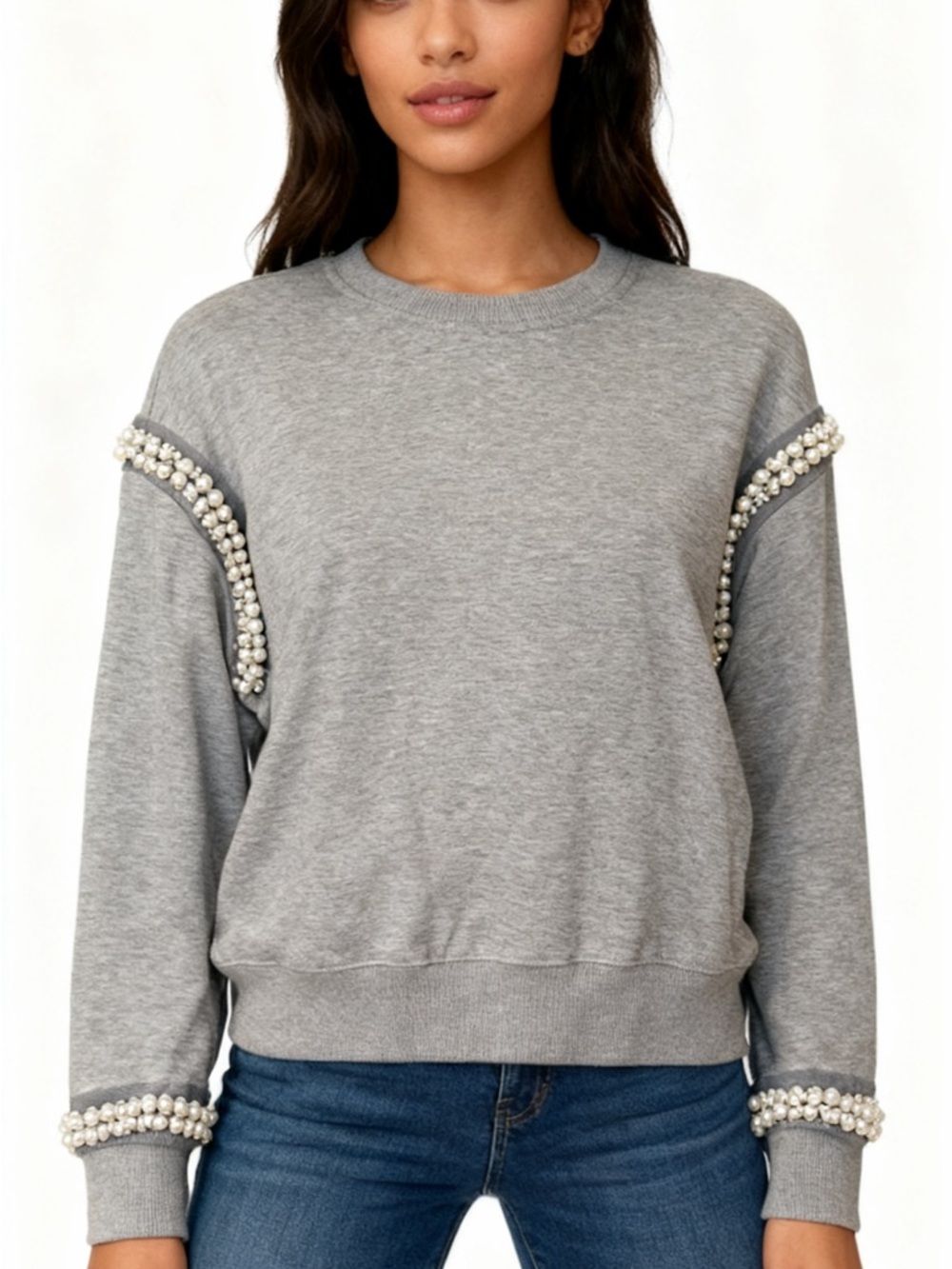 Gray Pearl-Embellished Crewneck Sweatshirt